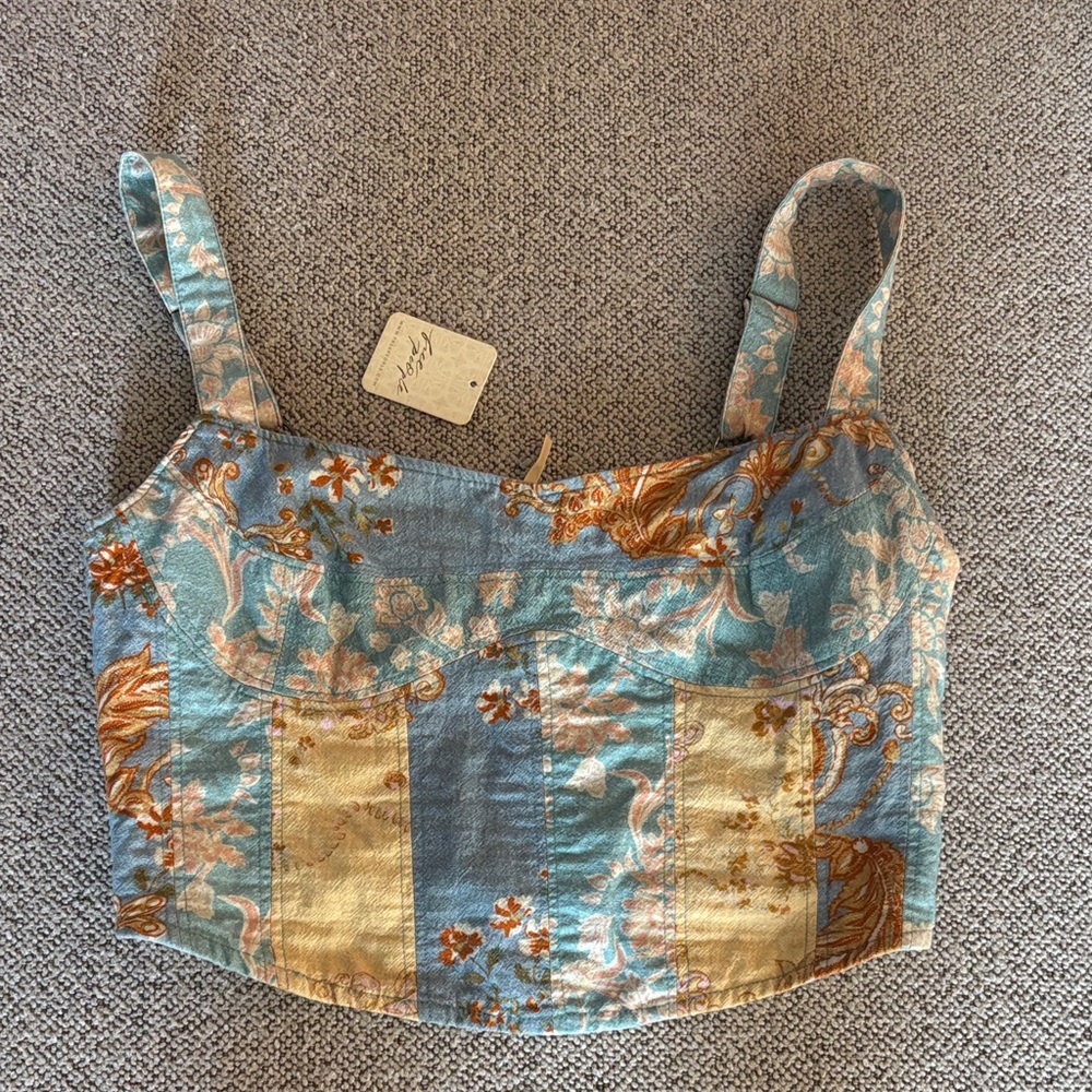 Free People Blue and Cream Floral Cropped Tank